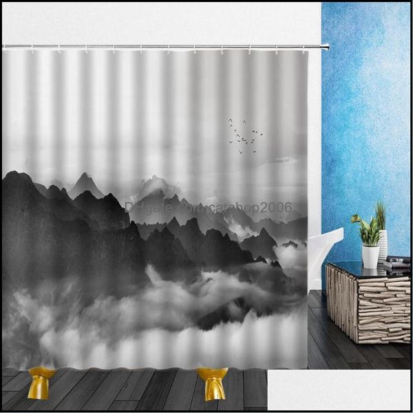 Cortinas de ducha Accesorios de baño Baño Hogar Jardín Paisaje natural Invierno Montaña Agua Niebla Árbol Impresión 3D Decoración Impermeable Poliéster C