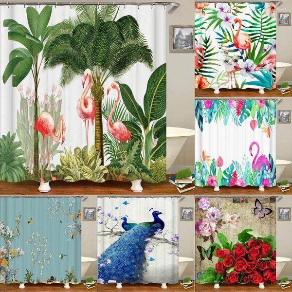 Rideaux de douche Décoration de salle de bain Curtain Plant Fleurs Birds Flamingo 3D Impermées imprimées avec crochets