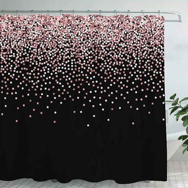 Cortinas de ducha, cortinas de tela para baño, confeti, brillo dorado rosa, gradiente de dispersión con caída negra, baño de agua
