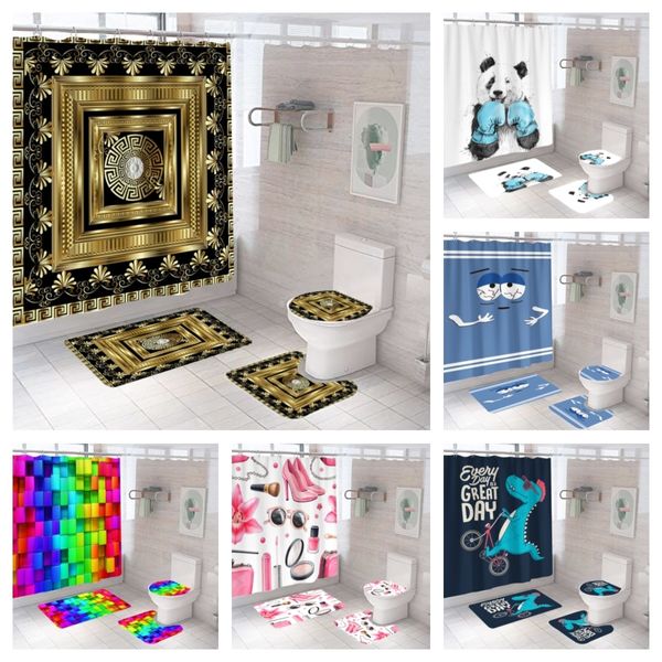 Cortinas de ducha Alfombras de baño y estera Set 3D Cortina de oro negro de lujo Divertida bicicleta de dinosaurio impermeable antideslizante baño cubierta de inodoro alfombra 221104