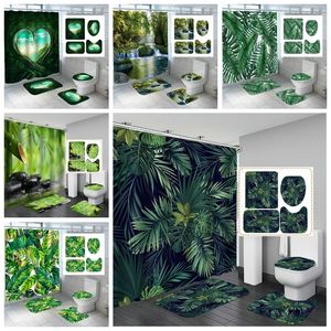 Rideaux de douche Salle de bain rideau de douche vert plante tropicale feuilles bambou imprimé pour bain tapis anti-dérapant ensembles couverture de toilette tapis de cuisine 230322