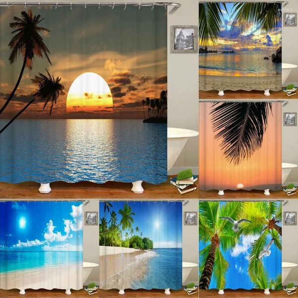 Rideaux de douche Salle de bain rideau étanche au coucher du soleil Dusk Place Décoration de plage en mer Polyester Polyester Home Decoration avec crochet