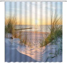 Rideaux de douche Rideau de plage Océan Soleil Herbe Seacoast Sable Bord de mer Lever du soleil Paysage marin Tissu Salle de bain avec crochets Bleu clair Jaune