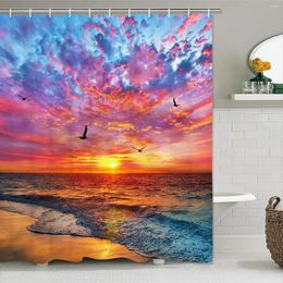 Rideaux de douche Rideau de plage Tropical Seaside Plam Trees Sunset Ocean Waves Blue Sky Coastal Sun avec crochet