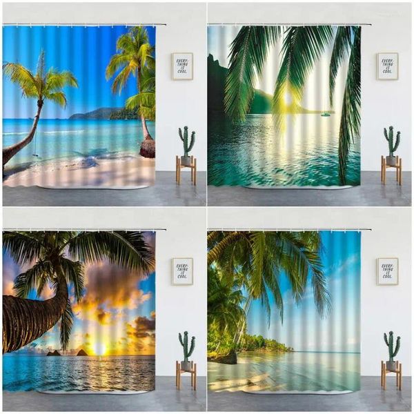 Cortinas de ducha Playa Palmeras Puesta de sol Isla Hawaii Océano Paisaje natural Poliéster Decoración de baño Paño Cortina de bañera