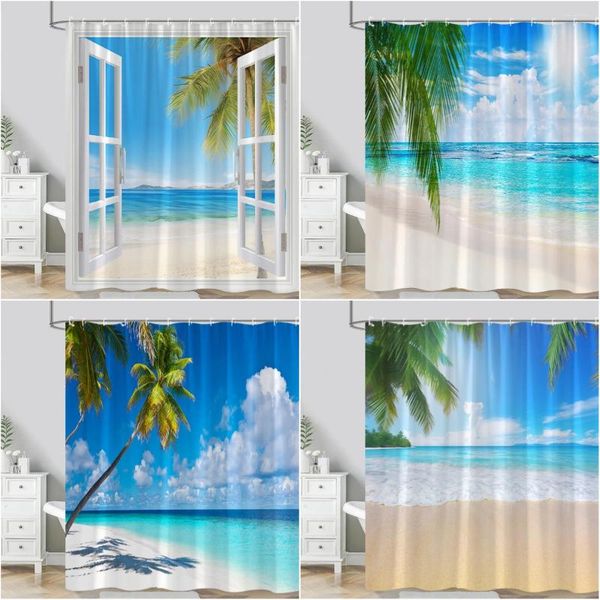 Rideaux de douche Décors de plage rideau océan Palmier tropical fenêtre nature paysage polyester tissu salle de bain lavable