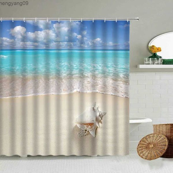 Cortinas de ducha Concha de playa Paisaje oceánico Baño Cortina de ducha impermeable Paisaje de verano Póster Decoración artística R231114