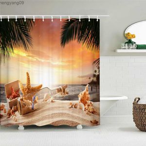 Rideaux de douche Plage coucher de soleil crépuscule paysage de bord de mer rideaux de douche impression 3d rideaux de bain salle de bain tissu imperméable avec décoration de la maison R230822