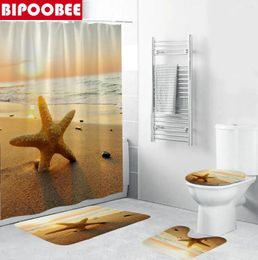 Douchegordijnen strand gele zeester badkamerset oceaanzee landschap bad mat toilet deksel deksel niet-slip tapijtstofgordijn