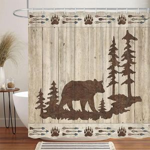 Rideaux de douche Ours pour salle de bain Animaux sauvages Cabine rustique Forêt Impression Planche de bois Tissu Rideau de bain Ensemble Décor