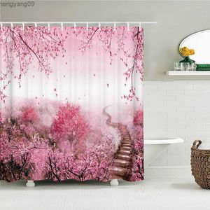 Rideaux de douche Belles fleurs de cerisier fleurs tissu rideau de douche rideaux de salle de bain paysage Floral décor imperméable écran de bain avec R230822