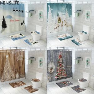 Douchegordijnen Mooie Kerstboom Print Gordijn Set Met Antislip Toiletmat Tapijt Tapijt Badproducten Badkamer Thuis Vakantie Decor