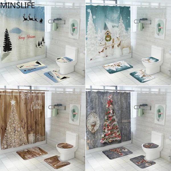 Rideaux de douche Beau rideau d'impression d'arbre de Noël Ensemble avec tapis de toilette antidérapant Tapis Tapis Tapis Produits de bain Salle de bain Maison Décor de vacances