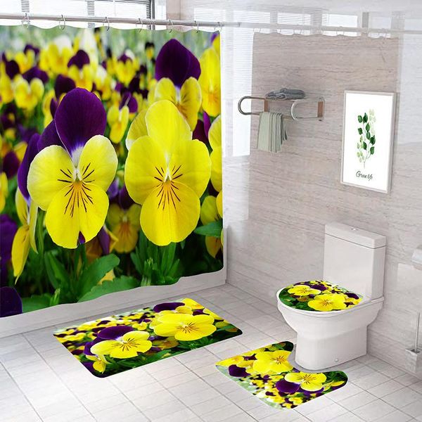 Rideaux De Douche Belle Floral Zen Pierre Salle De Bains Décoratif Quatre Pièces Ensemble Rideau Imperméable Décor À La Maison Tapis Antidérapant Jogo De Banheiro