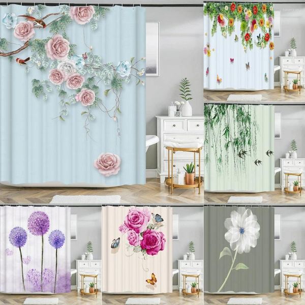 Cortinas de ducha Hermosas flores Impreso floral Cortina 3D para baño Tela de poliéster impermeable con ganchos