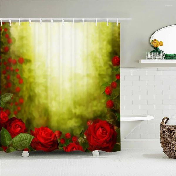 Cortinas de ducha Hermosas flores Red Rose Impresión Cortina Baño Floral Tela impermeable 180x180 cm con ganchos Decorar el hogar