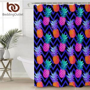 Rideaux de douche LiterieOutlet Rideau d'ananas Tropical Bain de polyester imperméable avec crochets Géométrique Violet Décor de salle de bain