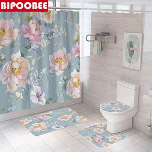 Douche gordijnen grote roze bloem 3d verf gordijn badkamer toiletzitje dekking niet-slip tapijt bad tapijten matten huis decoreren