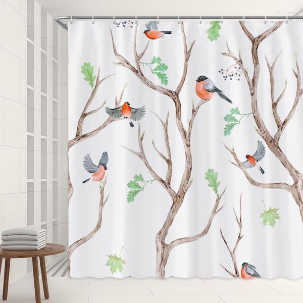 Rideaux de douche Birgure de salle de bain mignon oiseaux bleus sur arbre Branche feuilles vertes