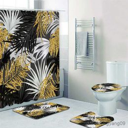 Douchegordijnen zwart en goud tropische plant blad badkamer douchegordijn set voor badkuip bladeren badmatten tapijten woondecoratie R230830