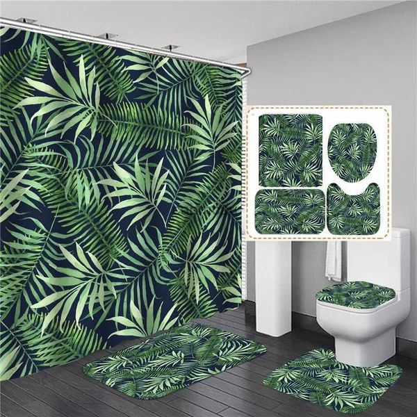 Cortinas de ducha Juego de cortinas de ducha de baño con hojas de plantas tropicales en negro y dorado para bañera, hojas exóticas, alfombras de baño, decoración del hogar