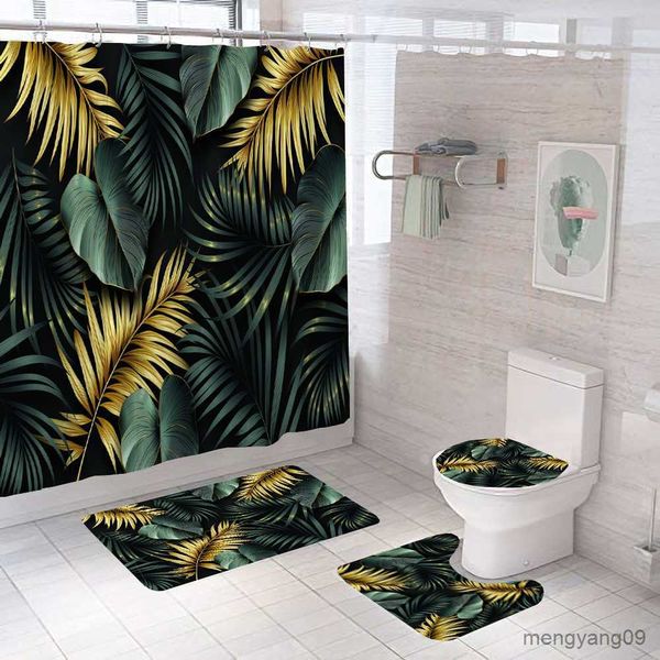 Cortinas de ducha Juego de cortinas de ducha para baño con hojas de plantas tropicales en negro y dorado, alfombras de baño con hojas para bañera, decoración del hogar R230831