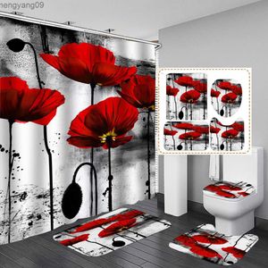 Douchegordijnen Zwart en rode bloemen Gedrukte douchegordijn Set Anti-slip Tapijten Deksel Cover Bad Mat Duurzame badkamer Gordijn Decoratie R230822