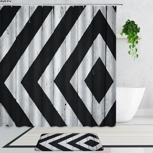 Rideaux de douche en réseau noir et blanc géométrique créative couleur art décor fond de salle de bain rideau de salle de bain tapis de bain non glissant