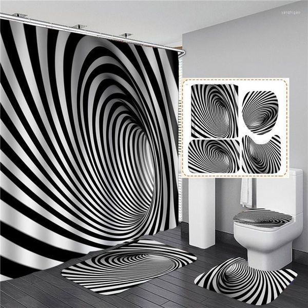 Rideaux de douche Rideau géométrique rayé noir et blanc Salle de bain Tapis de sol en polyester imperméable Moderne
