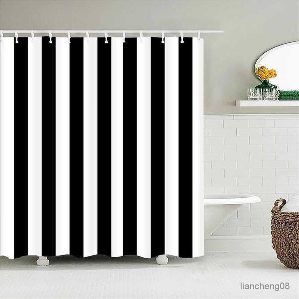 Rideaux de douche rideau de douche à rayures en noir et blanc en noir et en polyester imperméable motif géométrique à la maison DÉCORT