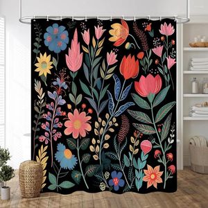 Douche gordijnen zwarte achtergrond op kleurrijke bloemen gordijn vintage stijl artistieke creativiteit print stof stoffen bad badkamer decor