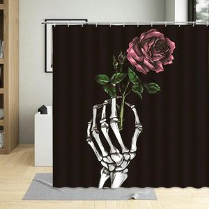 Rideaux de douche Fond noir Rose rouge Rideau main os fleurs motif salle de bain maison avec crochet tissu décoratif tissu lavable