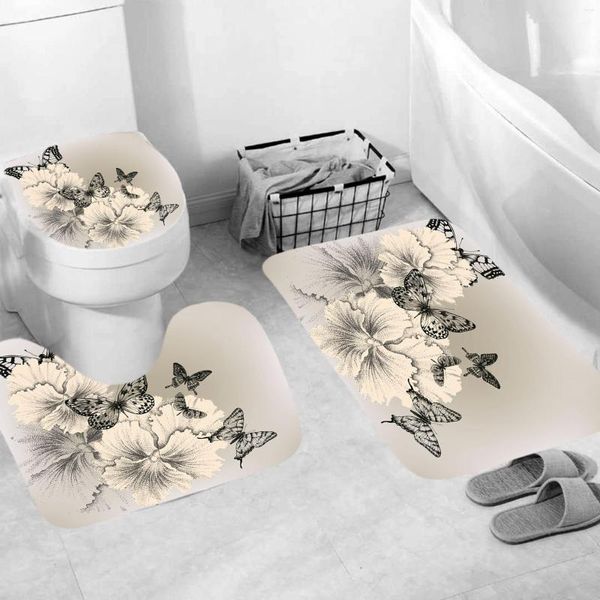 Rideaux de douche noir papillon rideau mode salle de bain ensemble bain toilette couvercle couverture antidérapant piédestal tapis