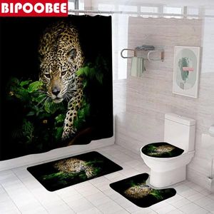 Cortinas de ducha Forestación negra Leopardo Cortina 3D Tabla impermeable Tocado de baño Mat de baño Tapa de baño Tapa de tapa de la alfombra sin deslizamiento Decoración del hogar