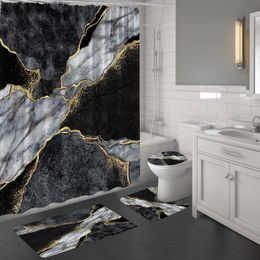 Cortinas de ducha Juego de cortinas de baño de mármol dorado negro alfombra de baño textura de grieta lujosa impresión de piedra abstracta cortinas de baño 230714