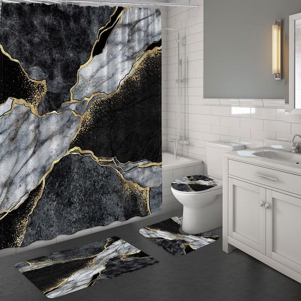 Cortinas de ducha Juego de cortinas de ducha de mármol negro y dorado, alfombras de baño, textura de tinta agrietada, cortinas de baño con estampado de piedra decorativa abstracta de lujo 230322