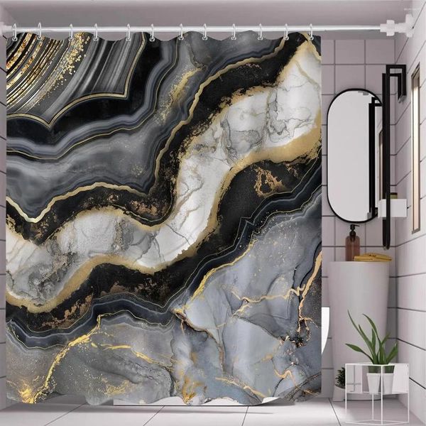 Rideaux de douche noire en marbre or en or gris Résumé moderne moderne pour salle de bain art cool joli tissu décor de bain
