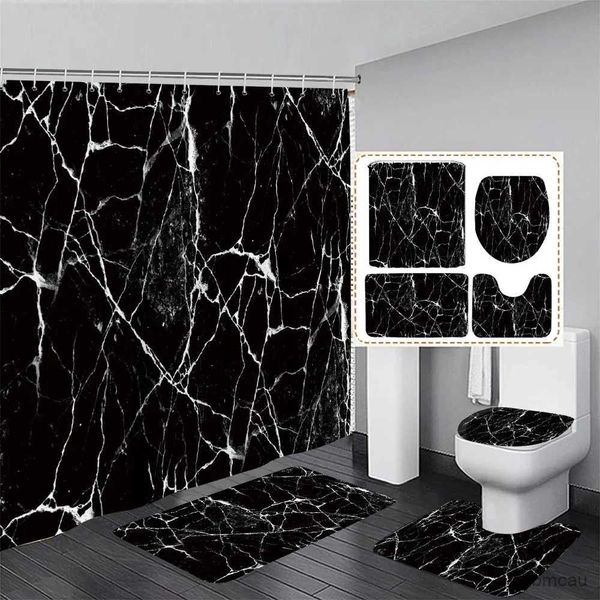 Cortinas de ducha Black Marblehower Curtainet Líneas doradas Patrón texturizado abstracto Decoración de baño moderna Alfombra antideslizante Alfombras de baño Cubierta de inodoro