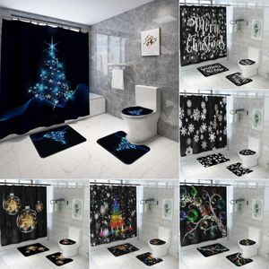 Douchegordijnen Zwart Merry Christmas Print Gordijn Cover Toilet Bad Mat Pad Set 3d Badkamer met Hooks Holiday Decoratie