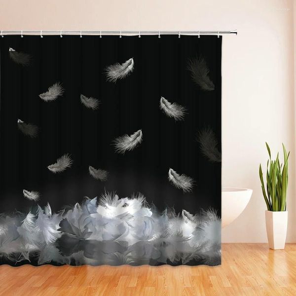 Rideaux de douche Noir Blanc Plume 3D Rideau de salle de bain imperméable Polyester Tissu Impression Décor avec crochets Bain