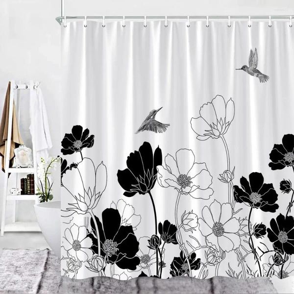 Cortinas de ducha ARTE FLORAL NEGRO FLORA DE ACUERNA DEL AUDO DEL AUDO DEL AUTO DEL POLIETRA TELA DE CORTINA DE BAÑO ACCESIONES DE BAÑO