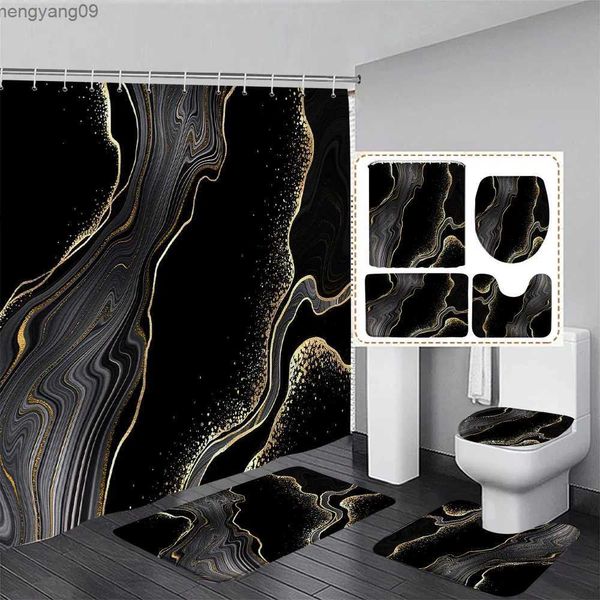 Cortinas de ducha Conjunto de cortina de ducha de mármol blanco y negro, patrón texturizado de arte abstracto, decoración de baño moderna, alfombra, alfombra de baño, cubierta de inodoro R231114