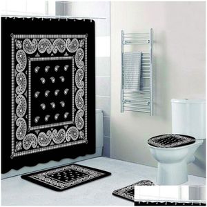 Cortinas de ducha Negro Blanco Paisley Bandana Patrón Cortina de baño Conjunto de ducha para adorno de borde floral Alfombras de baño Alfombra Dec Dhgarden Dhumt