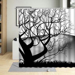 Douchegordijnen Zwart witte boom Art Decor badkamer tak bladeren romp patroon waterdicht polyester stofgordijn met 12 haak