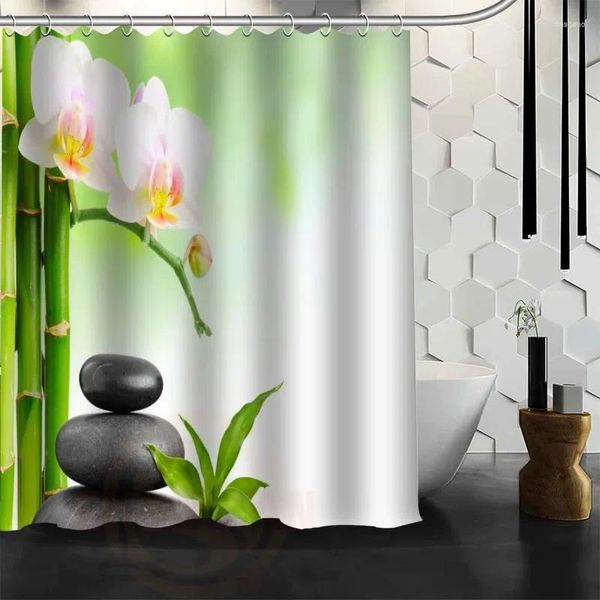 Cortinas de ducha Black Zen Stone Pink Orchid Green Bamboo Garden Paisaje Tela de poliéster Decoración de baño personalizada con ganchos