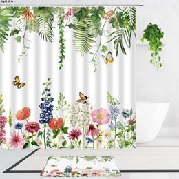 Rideaux de douche Fleurs en fleurs Ensemble de rideaux Feuilles vertes colorées Papillon Oiseaux Printemps Salle de bain Tapis de bain Décorations