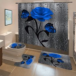 Douchegordijnen bloeiende bloemen roze vlinder douchegordijn set waterdichte badkamer toiletzitting deksel bad niet-slip mat tapijt tapijtbad decor 230820