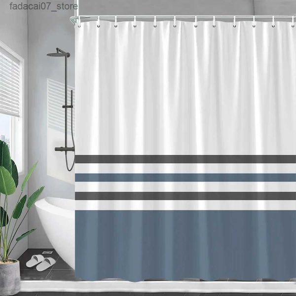 Rideaux de douche Rideaux de douche à rayures bleues et blanches gris géométrique moderne minimaliste en tissu polyester rideau de bain décor de salle de bain avec Q240116