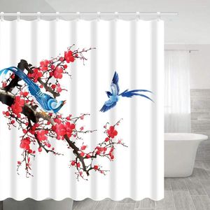Rideaux de douche oiseaux bleus parmi les fleurs rouges rideau de salle de bain