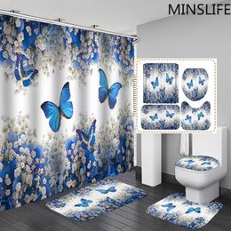 Rideaux de douche Papillons bleus dans les fleurs Motif Rideau de salle de bain et ensembles de tapis Couvercle de piédestal Tapis de couverture de toilette Tapis de bain